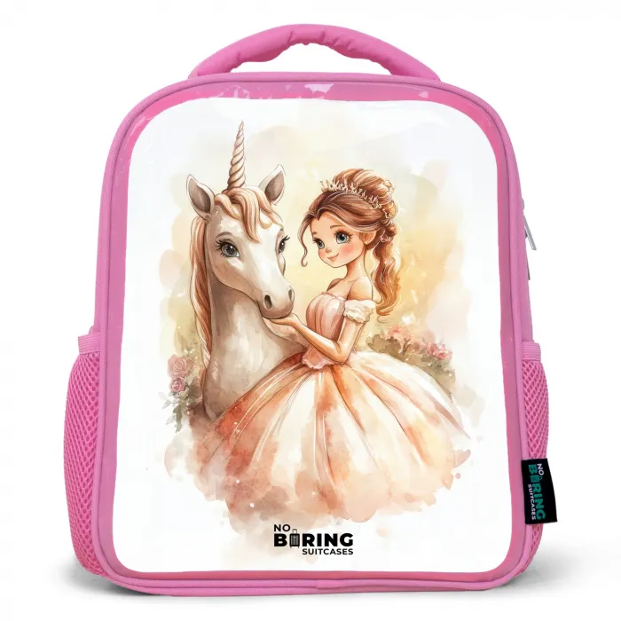 Prinses in jurk met witte eenhoorn Kinderrugzak - Roze middel -3d