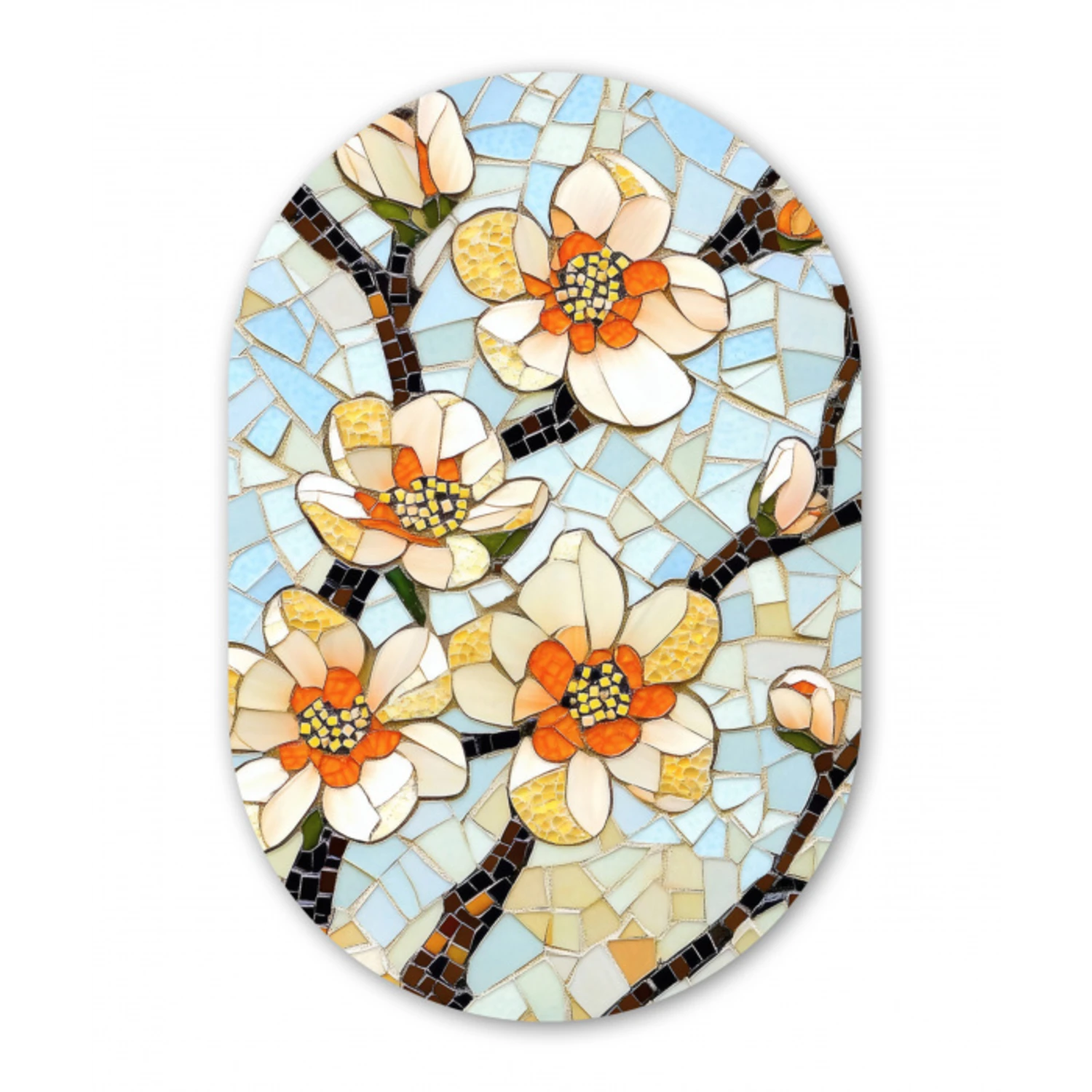 Bloesems - Wit - Mozaïek - Tak Wandcirkel Ovaal Glas middel -3d