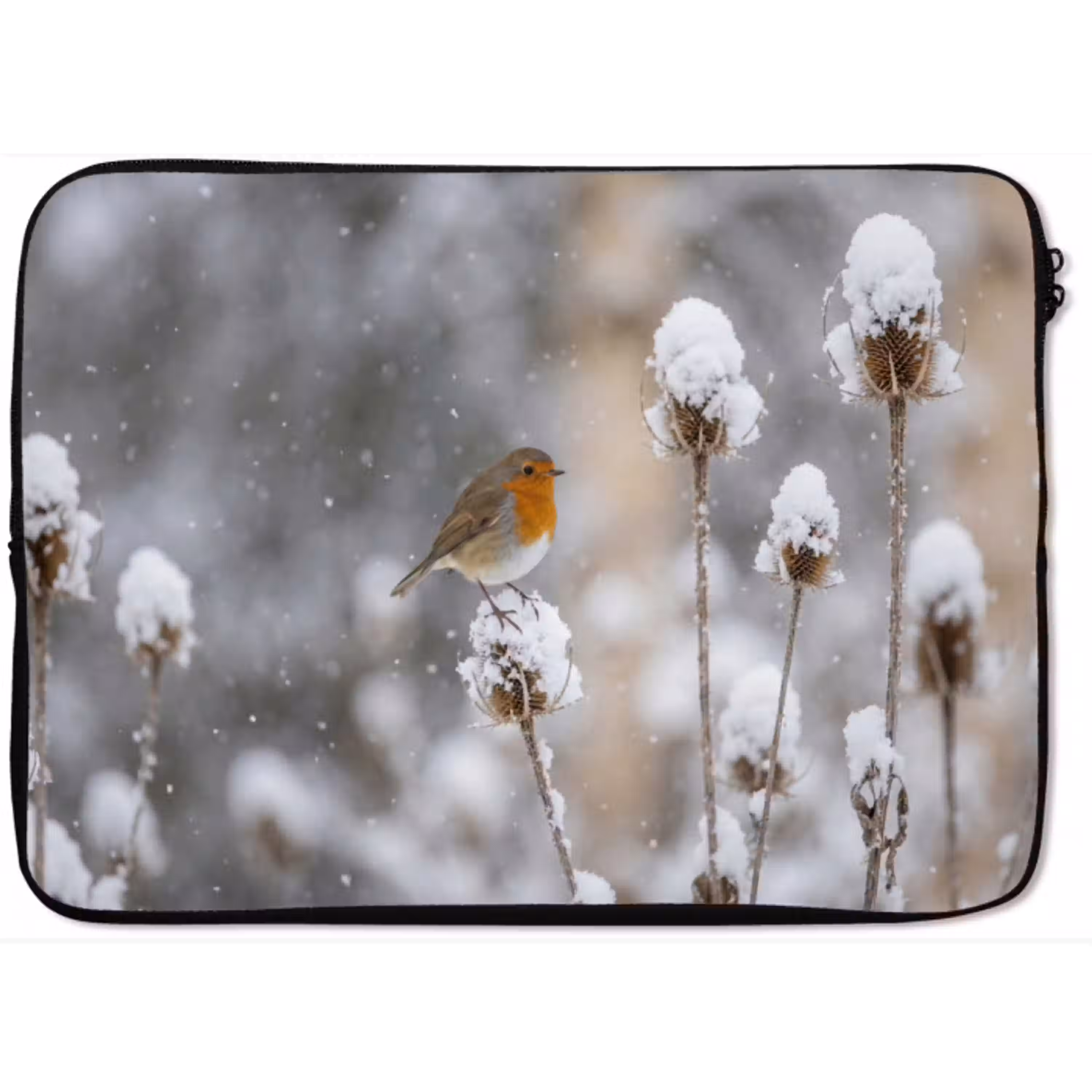 Roodborstje - Gedroogde bloem - Sneeuw - Winter - Vertederend laptophoes neopreen klein -zkaufland3dotto