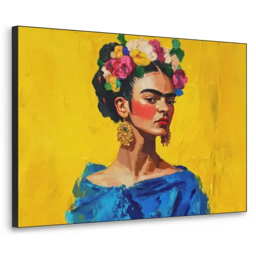 Frida Kahlo - Vrouw - Geel - Blauw - Bloemen Textielframe zwart klein -3d