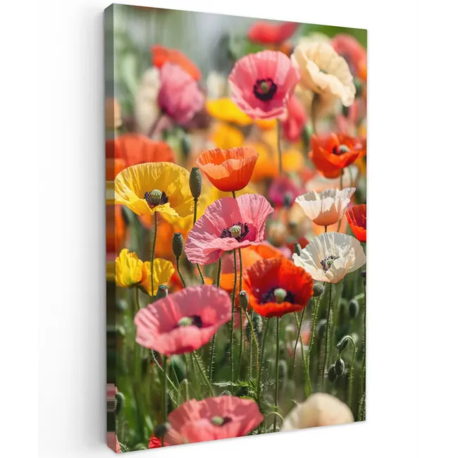 Bloemenveld - Klaprozen - Kleurrijk Tuinposter op houten frame 2 cm dik klein -3d