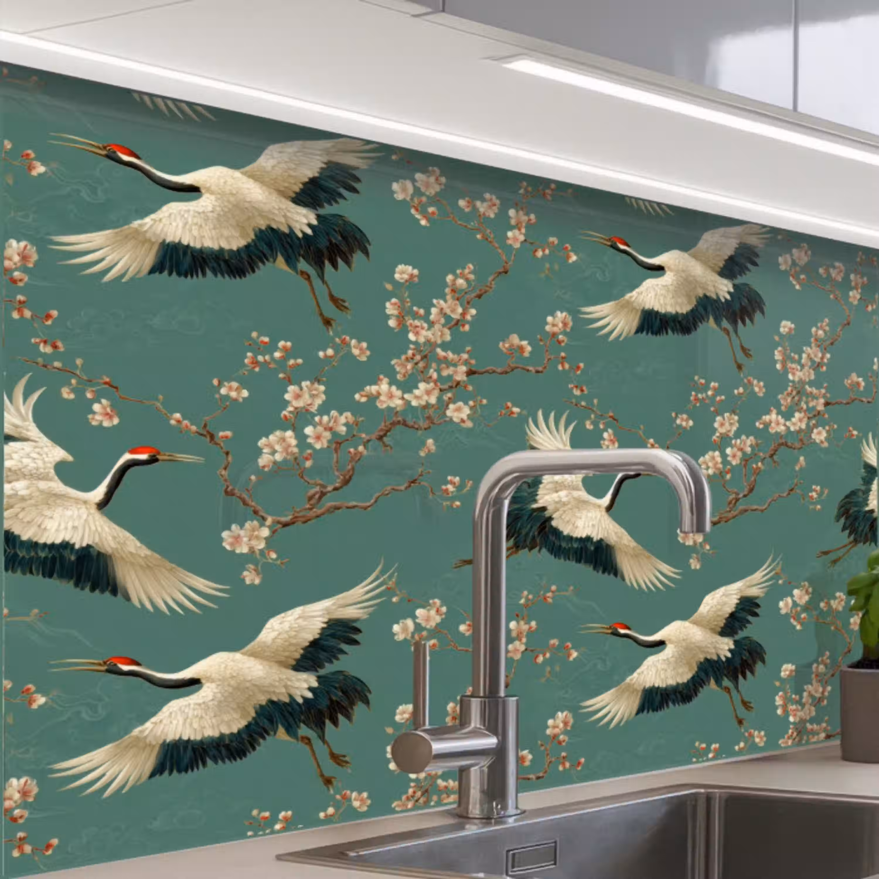 Kersenbloesem - Kraamvogels - Groen keuken achterwand 2 middel 865 -zzzz3d_schuin