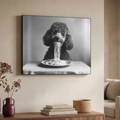 Poedel - Hond - Zwart - Wit - Schattig - Pasta Textielframe zwart klein -sfeer3