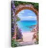 Doorkijk - Poort - Zee - Strand - Rotsen Tuinposter op houten frame 2 cm dik klein -3d