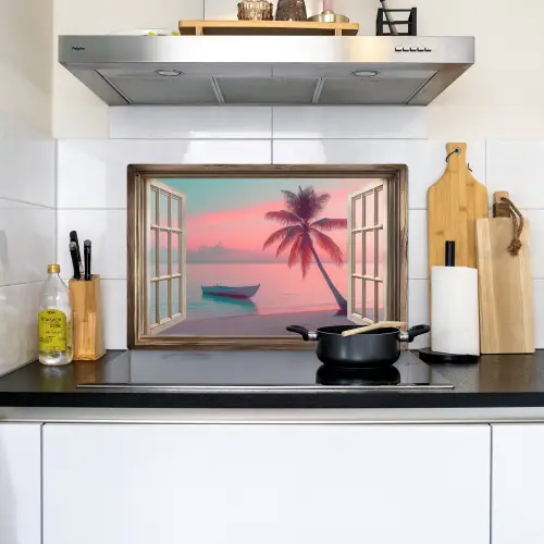 Doorkijk - Strand - Palmboom - Tropisch Inductie beschemer met haakjes klein -sfeer2