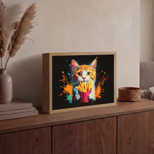 Kat - Eten - Patat - Graffiti - Abstract Light Box met batterij (Wandlamp) middel -sfeer2