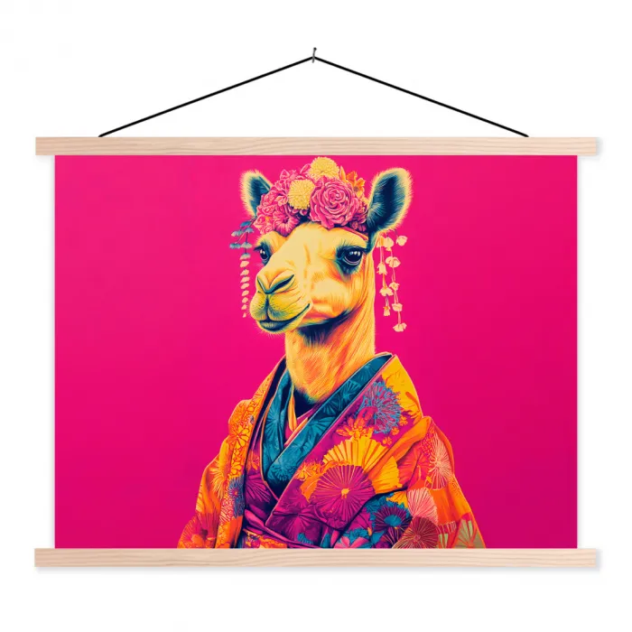 Kameel - Bloemen - Kimono - Waaiers textielposter latten blank klein -3d