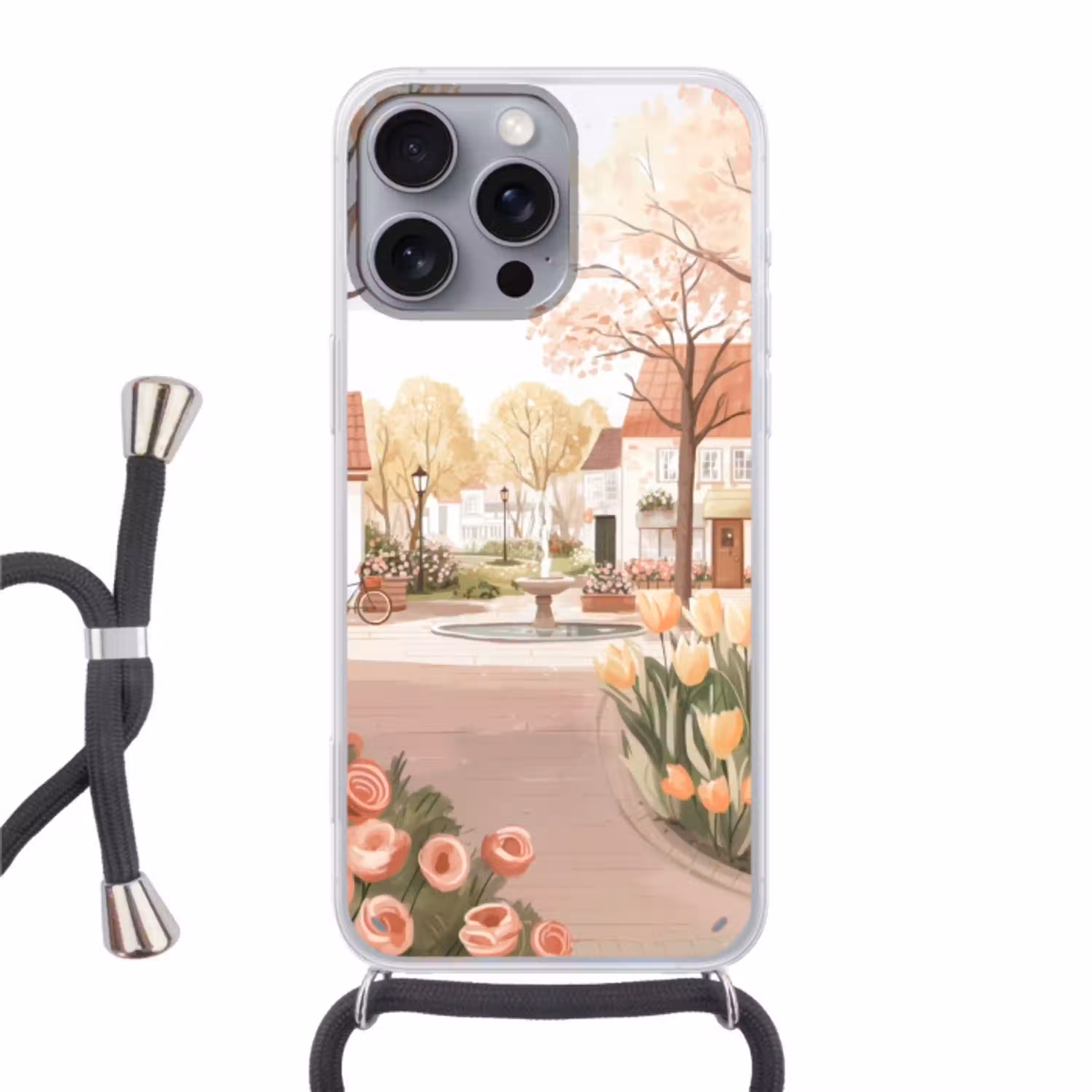 Dorpsplein - Fontein - Tulpen Hoesje iPhone 16 Pro Max met koord klein -3d
