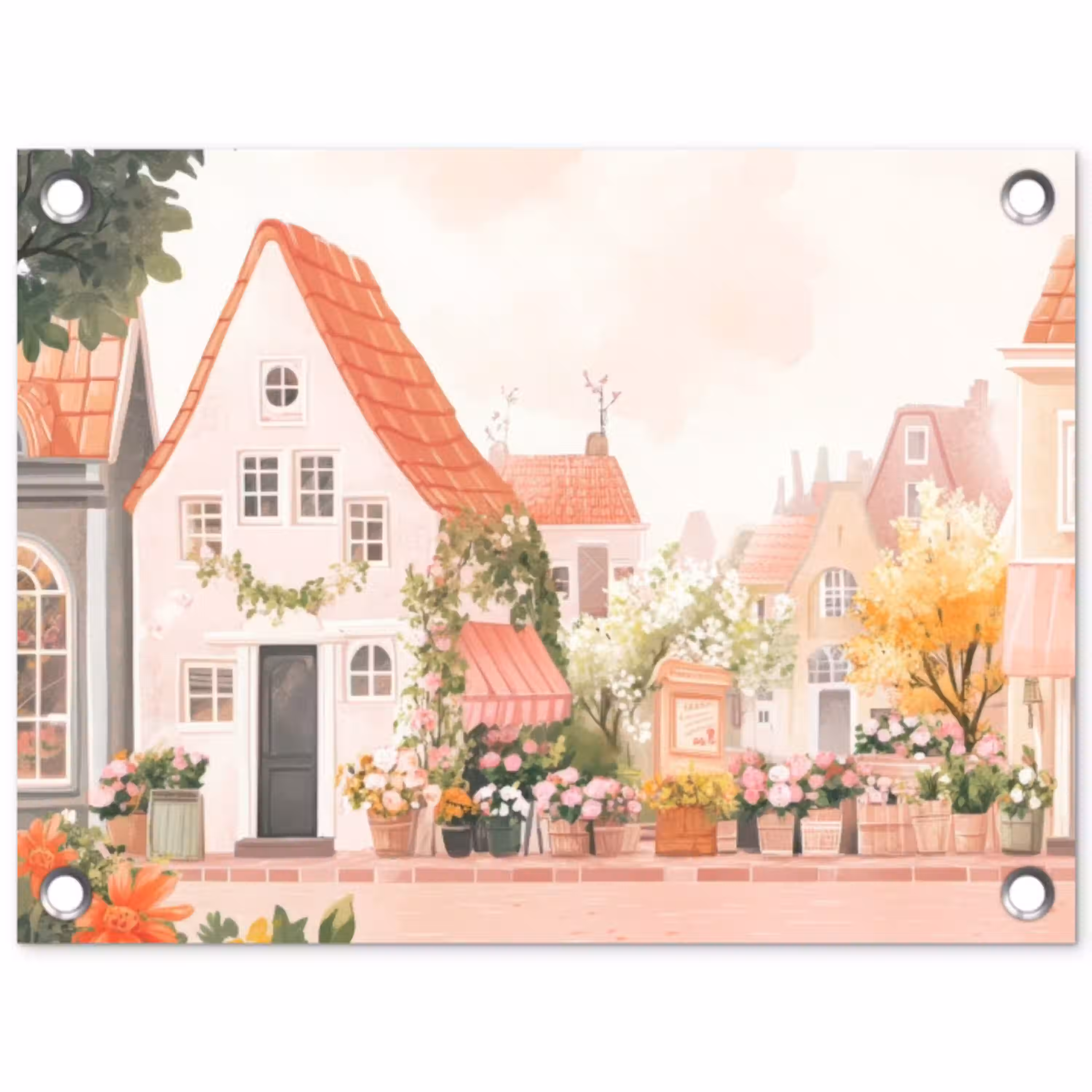 Bloemen - Huizen - Dorp tuinposter los doek klein -3d