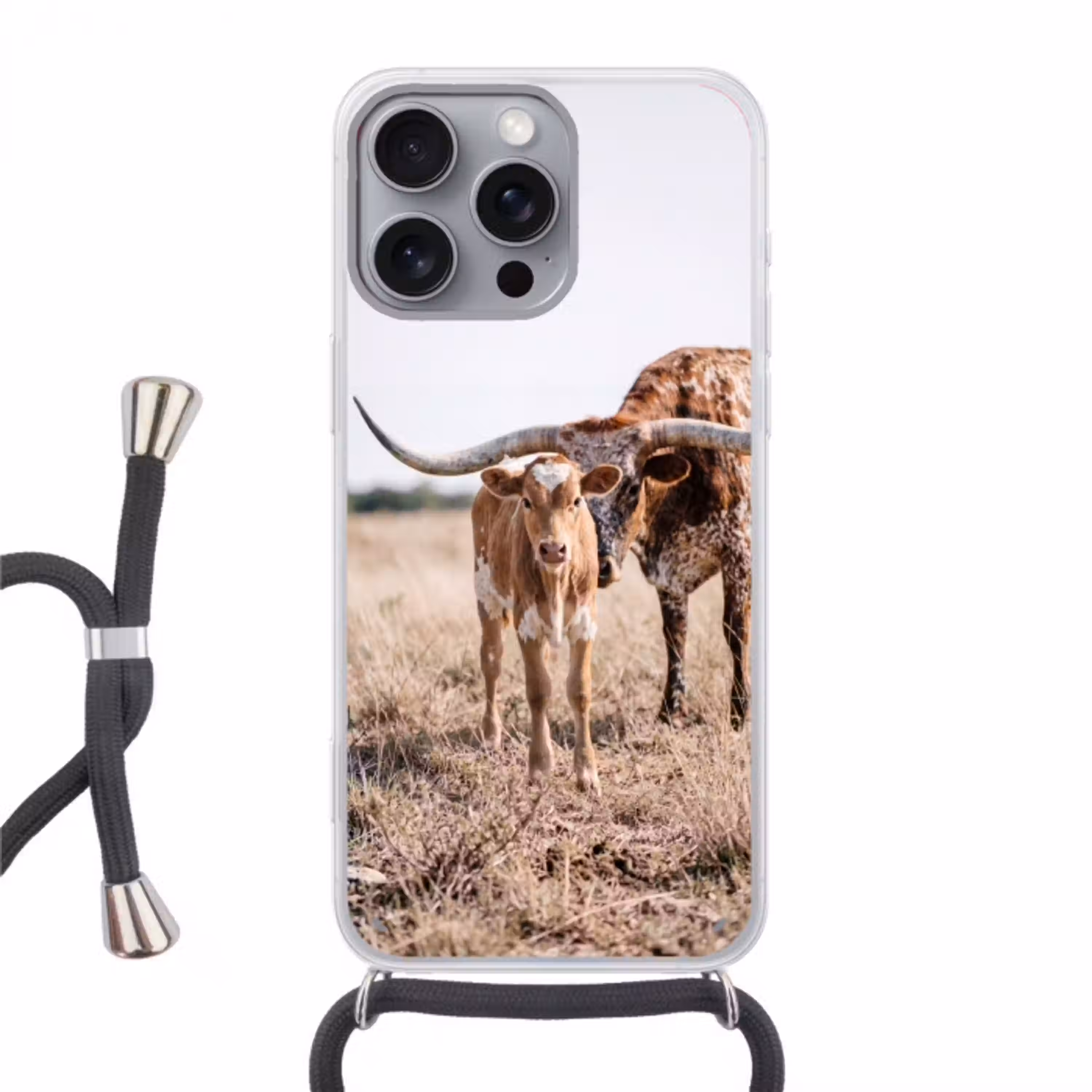 Texas Longhorn - Kalf - Weide - Dieren Hoesje iPhone 16 Pro Max met koord klein -3d