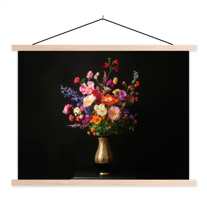 Kleurrijk - Boeket - Vaas - Goud textielposter latten blank klein -3d