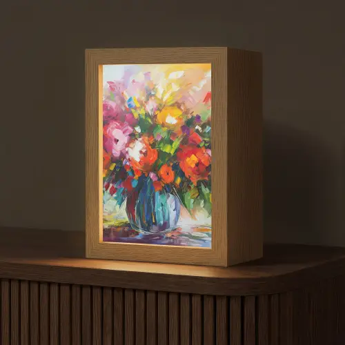 Bloemen - Kleurrijk - Bloempot - Olieverf Light Box met kabel (Tafellamp) klein -z3d_website