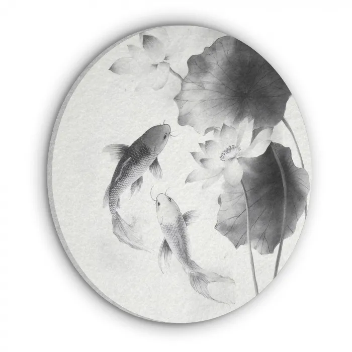 Lotusbloemen - Vissen - Bladeren - Zwart Akoestische PET Vilt - Rond klein -3d