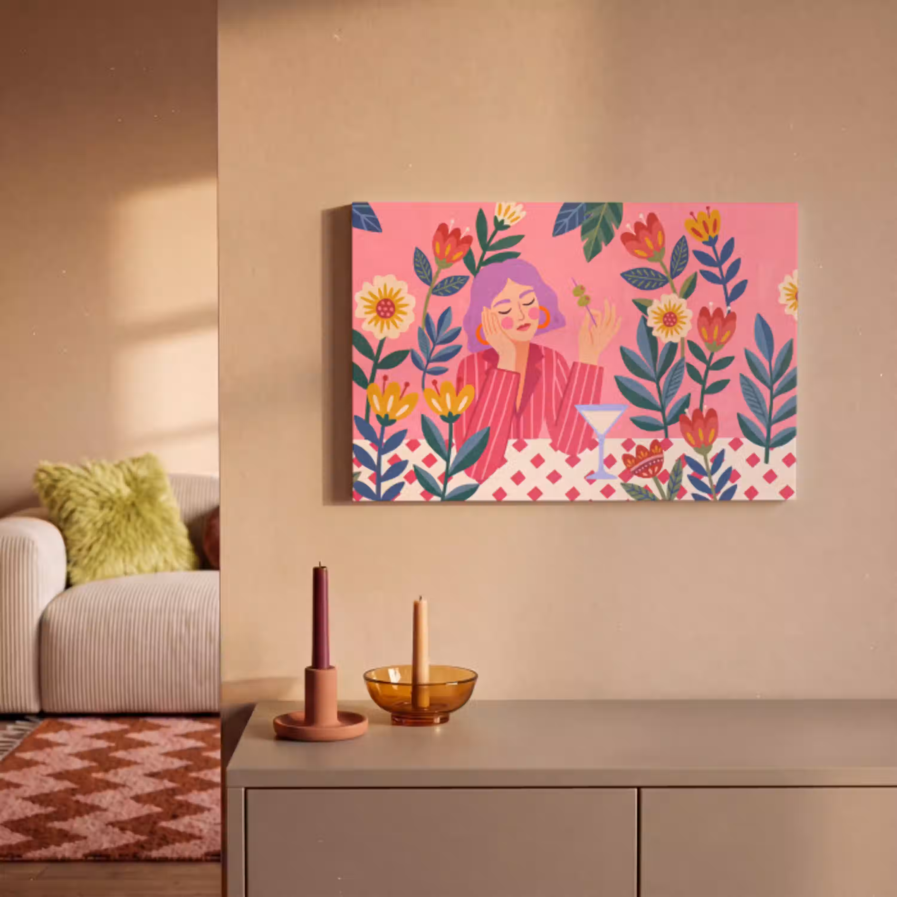 Vrouw - Cocktail - Bloemen - Modern - Roze canvas 2cm klein -sfeer1