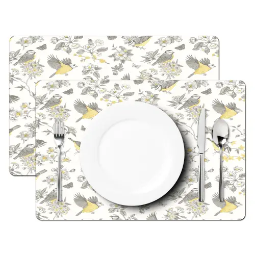 Birds - Flowers - Gray - Yellow Placemat vinyl groot 368 -zzsfeer2_Kitchenyeah-website