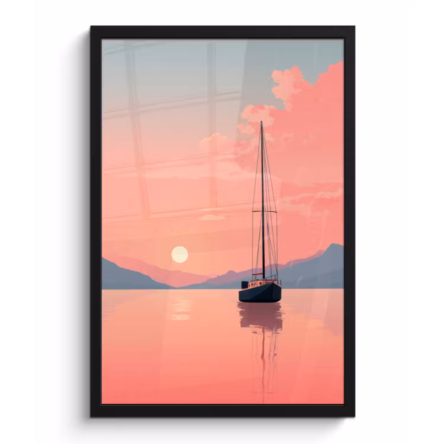 Poster met lijst - Zeilboot - Roze zee - Zonsondergang - Bergen