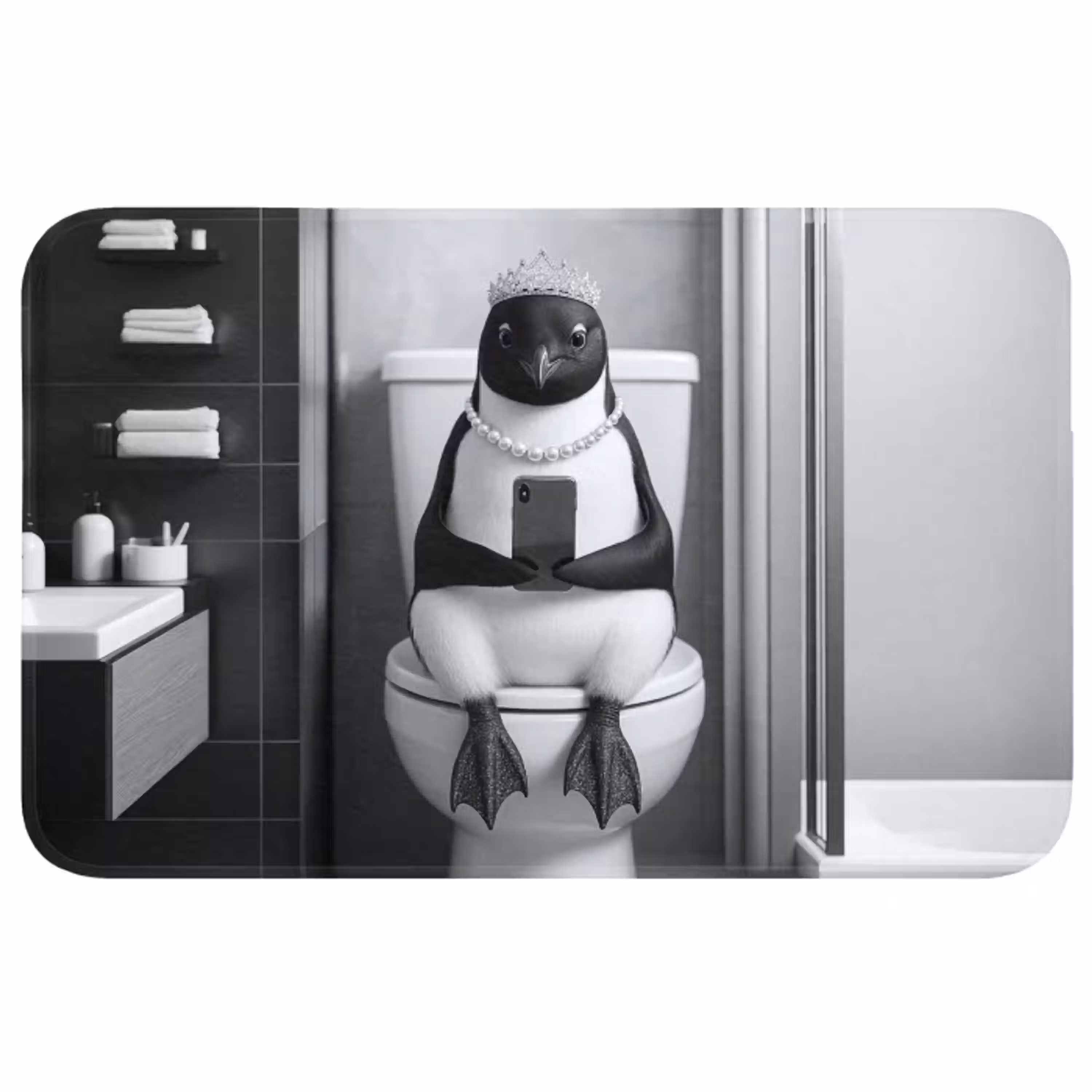Pinguïn - Telefoon - Toilet - Zwart - Wit Badmat middel -3d