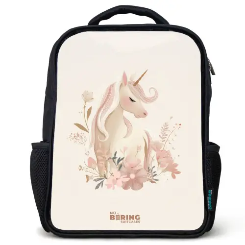 Eenhoorn tussen bloemen in roze pastel kleuren Rugzak - Zwart middel -3d