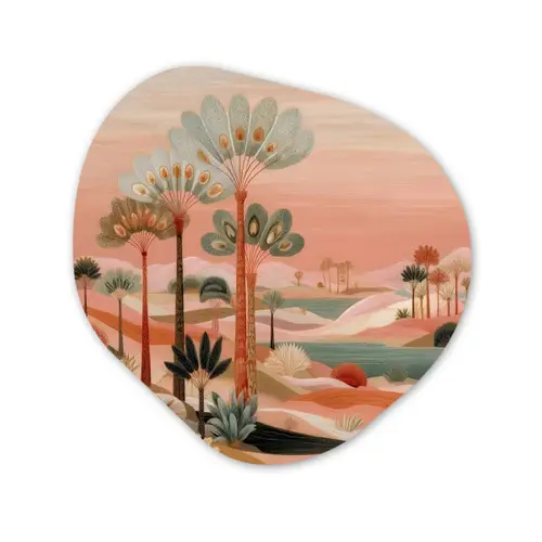 Roze landschap - Palmen - Water Wandcirkel Organisch Forex 3mm klein -3d