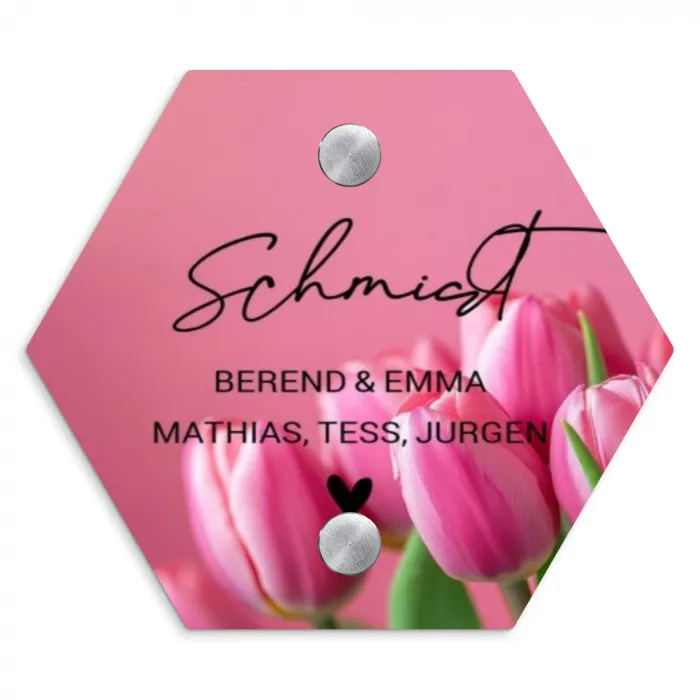 Roze tulpen - Sierlijk Naambord Hexagon klein -3d