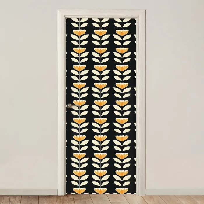Retro - Bloem - Zwart - Okergeel deurposter klein 289 -3d_beige
