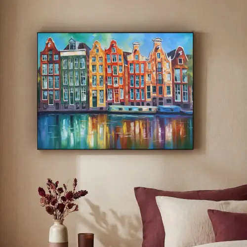 Amsterdam - Olieverf - Gracht - Schilderij - Kunst Textielframe zwart klein -sfeer1
