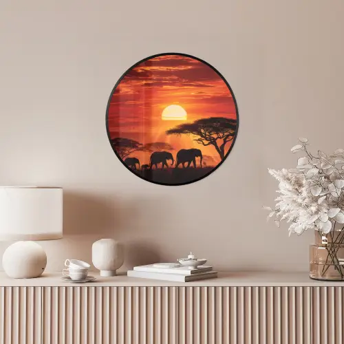 Savanne - Olifanten - Zonsondergang Fotolijst rond zonder passe partout klein -sfeer3