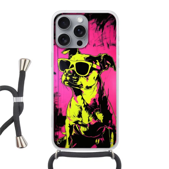 Telefoonhoesje met koord - Hond - Zonnebril - Roze - Art