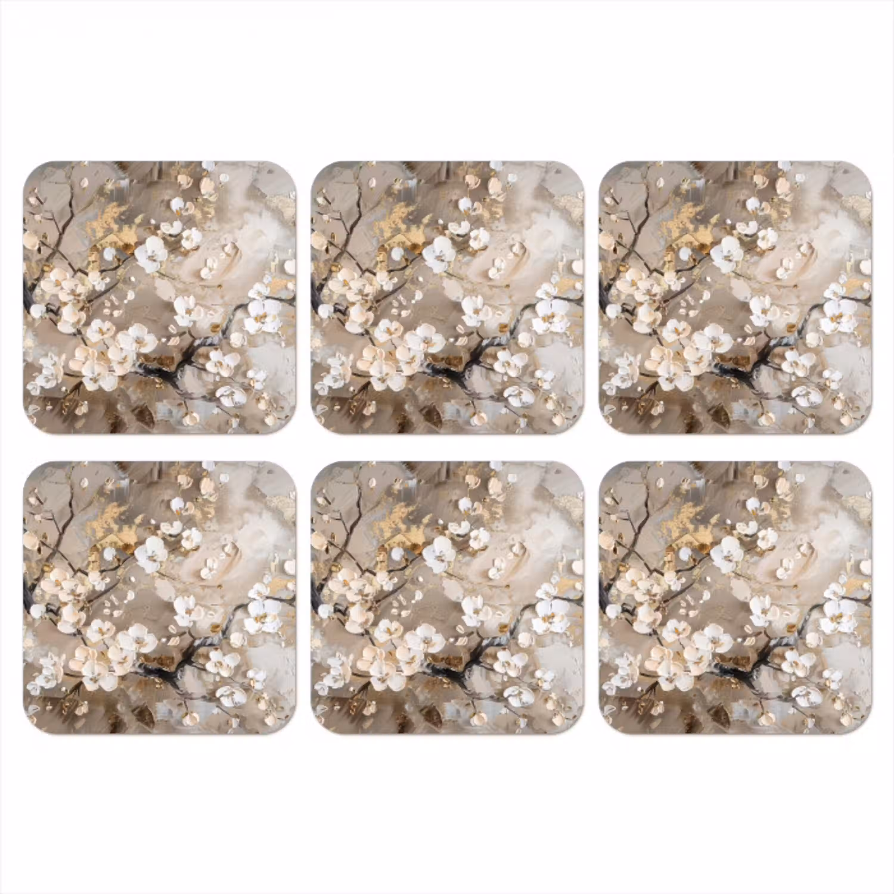 Bloemen - Wit - Goud - Beige  - Luxe onderzetter kurk middel -3d