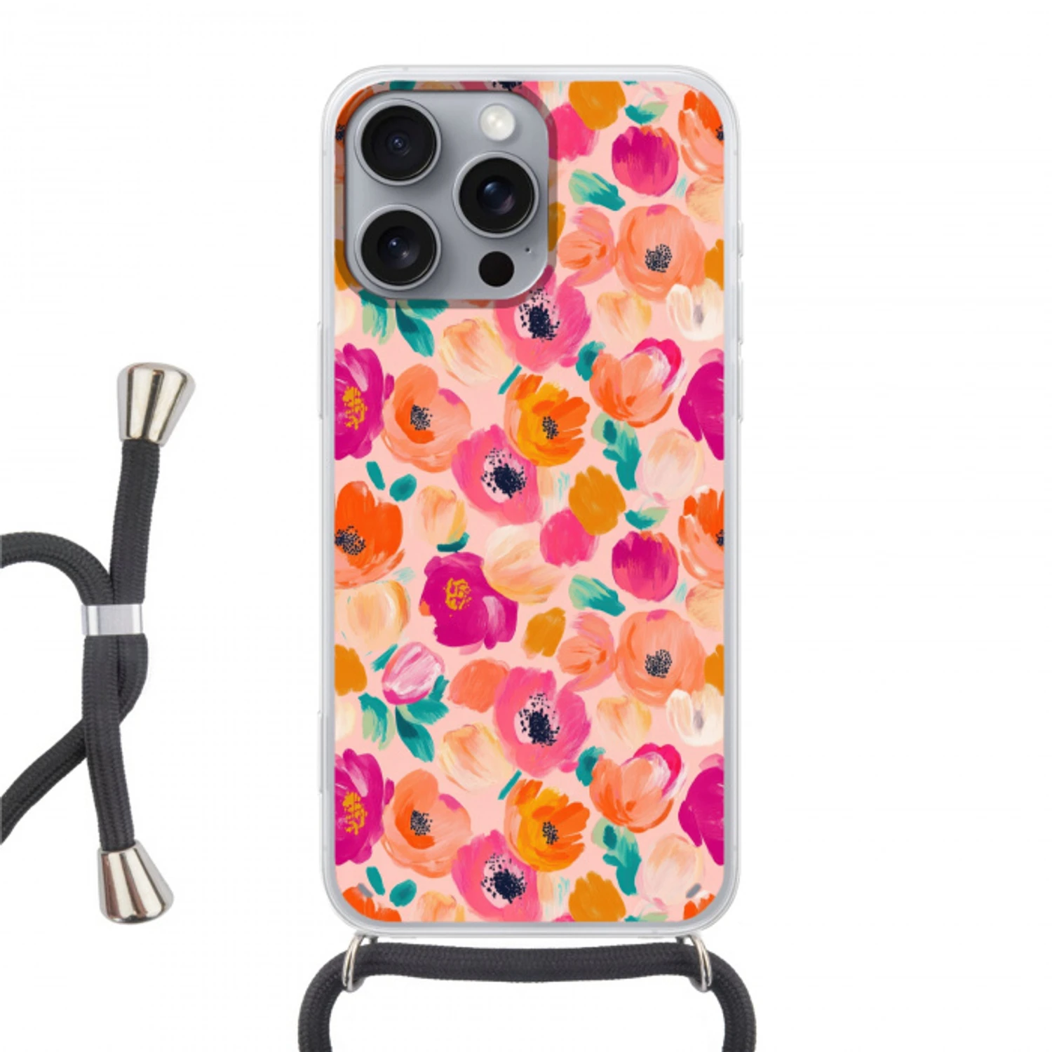 Bloesems - Vrolijk - Kleurrijk Hoesje iPhone 16 Pro Max met koord klein 804 -3d