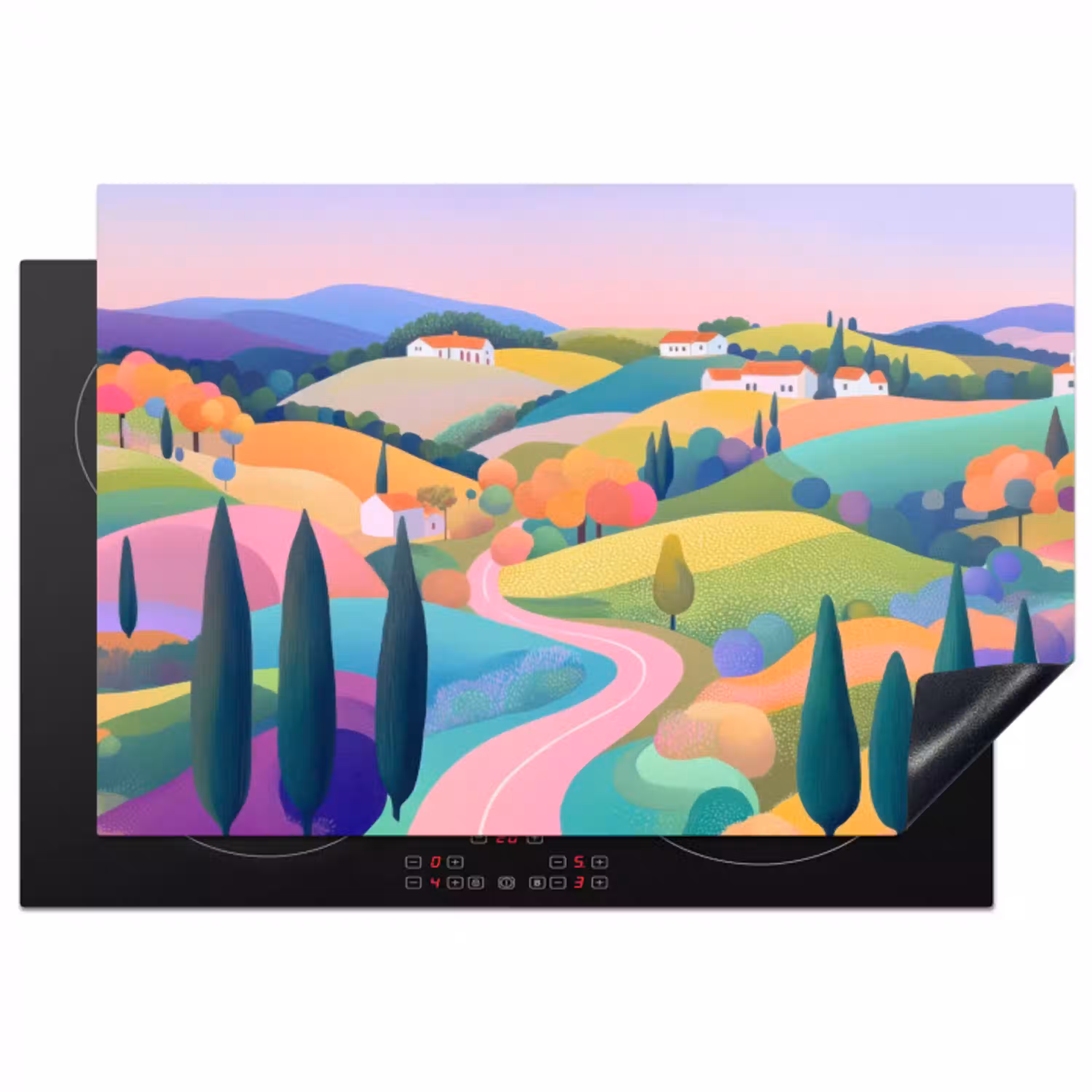 Landschap - Paars - Pastel - Huizen Inductie beschermer vinyl 3mm klein -3d