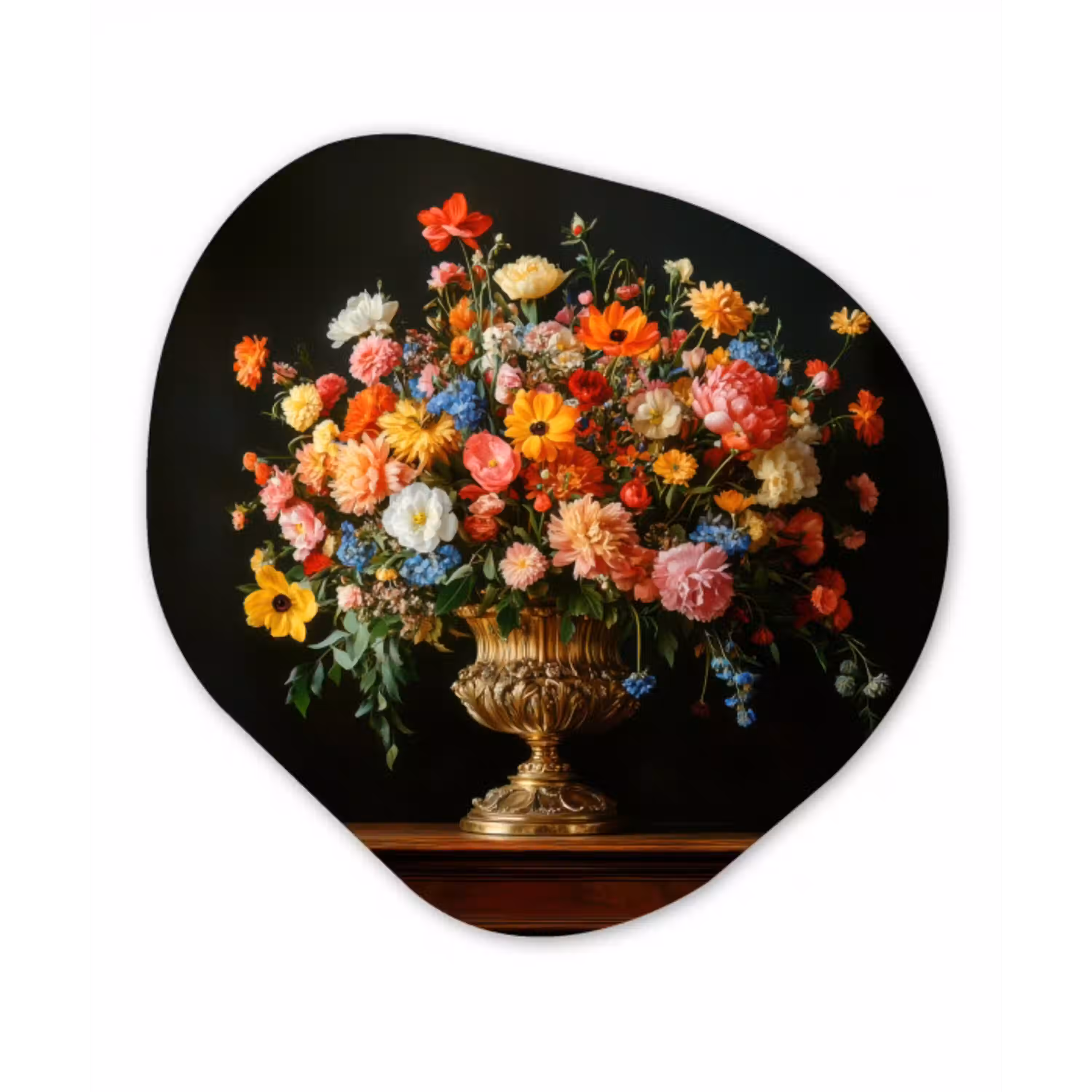 Goud - Bloemen - Kleuren - Vaas Wandcirkel Organisch Aluminium middel -3d