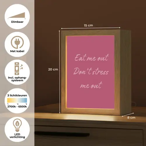 eat me out don't stress me out - Roze - Minimalistisch Light Box met kabel (Tafellamp) klein -USP_NL