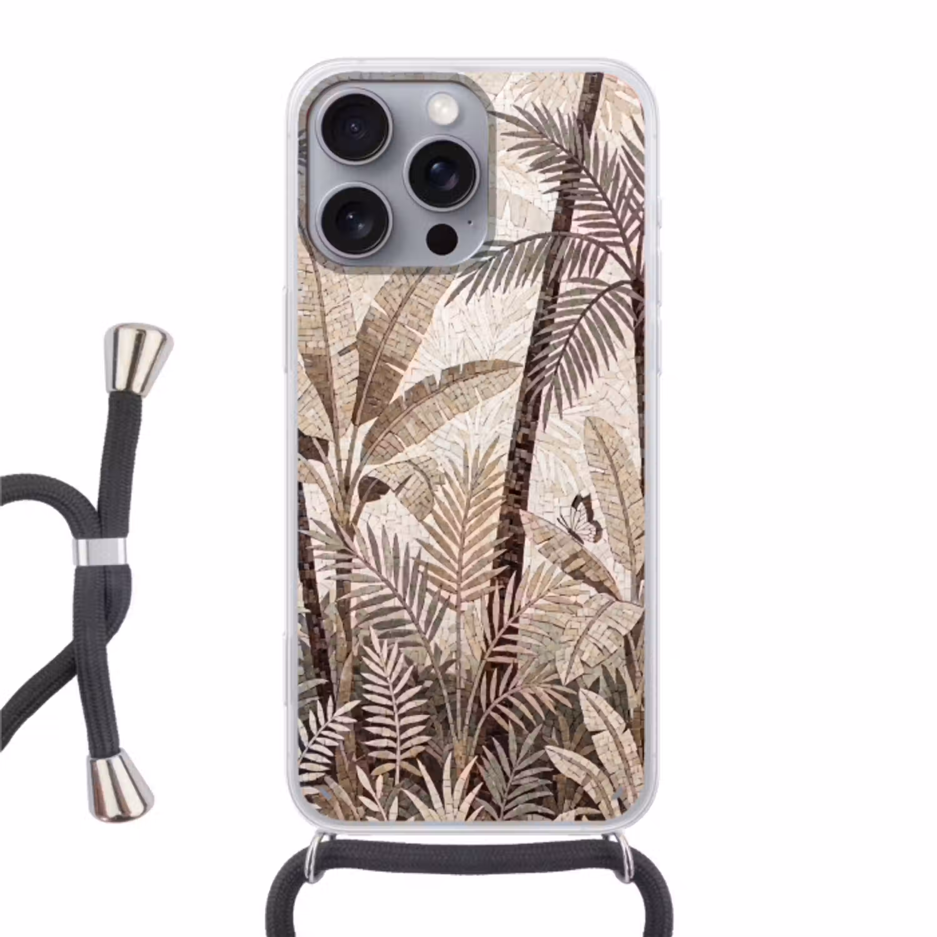 Natuur - Bladeren - Landschap - Mozaïek - Beige Hoesje iPhone 16 Pro Max met koord klein -3d