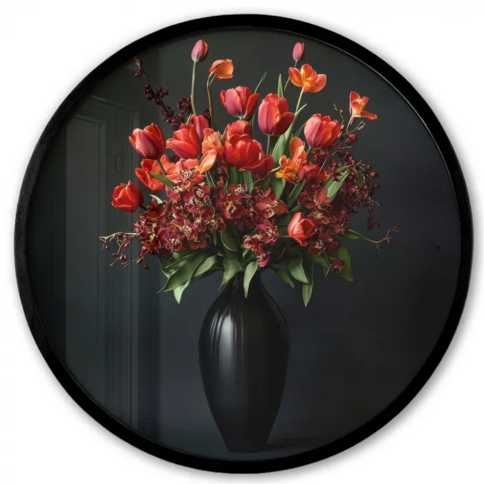 Boeket - Tulpen - Vaas - Rood Fotolijst rond zonder passe partout klein -3d