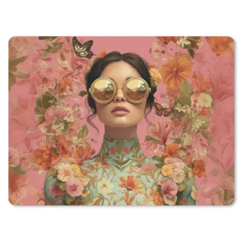 Vrouw - Bril - Roze - Bloemen muismat rubber klein -3d