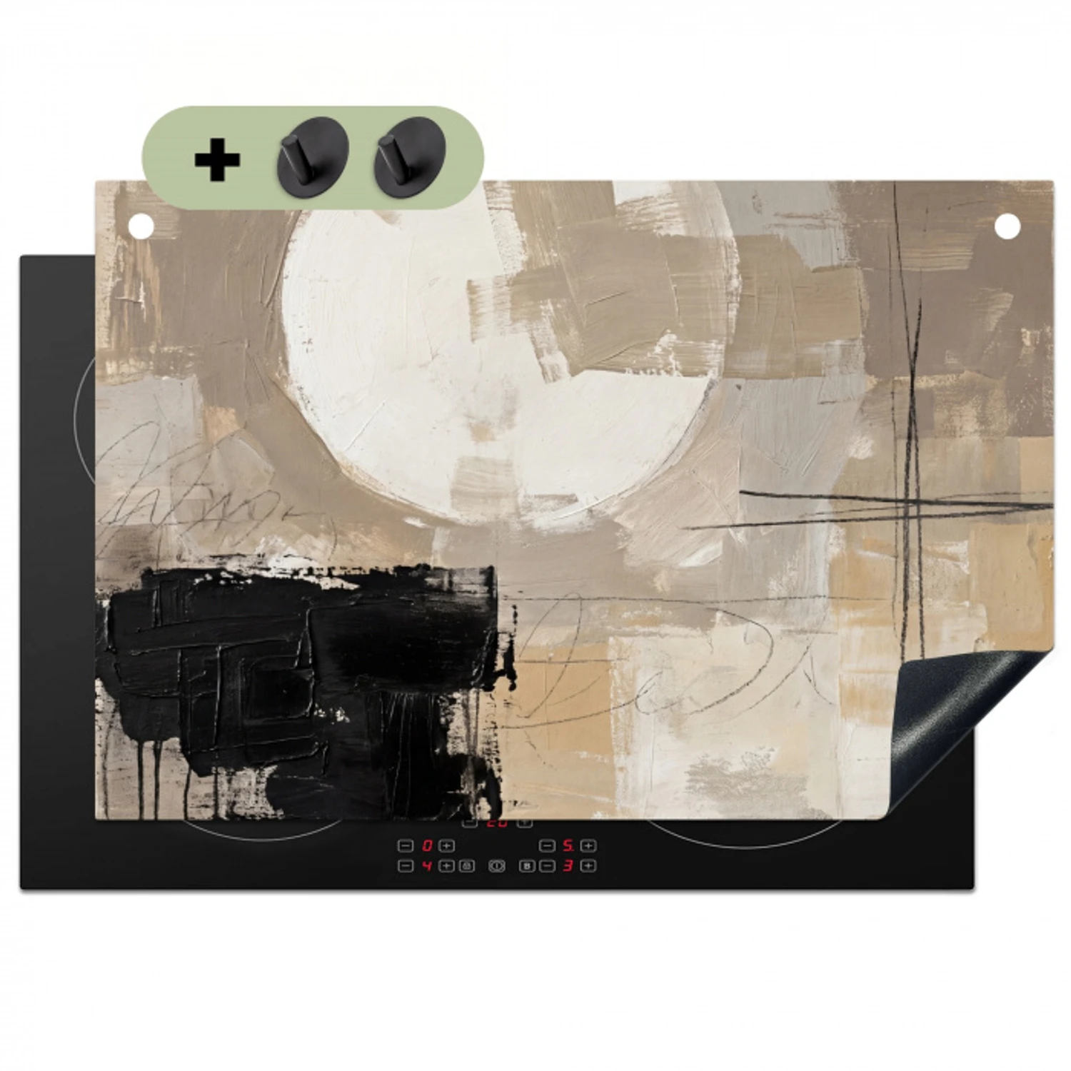 Abstract - Cirkel - Modern - Beige - Zwart - Minimalistisch Inductie beschemer met haakjes klein -3d