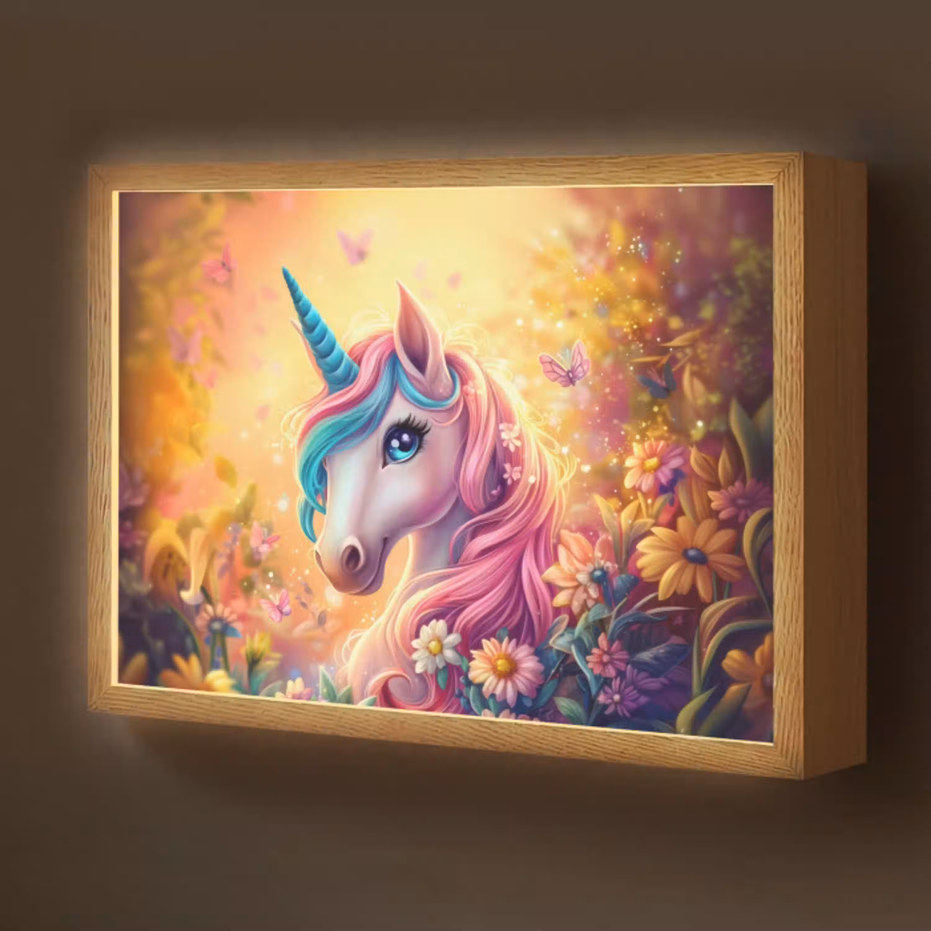 Eenhoorn - Roze - Kleurrijk - Sprookjesbos Light Box met batterij (Wandlamp kind) middel -z3d_website