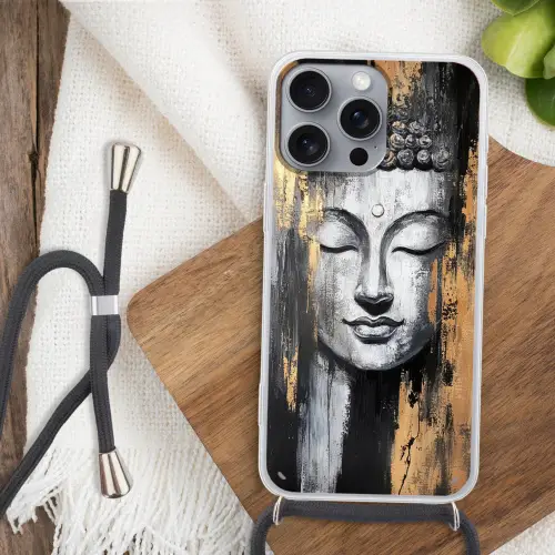 Boedhha - Penseelstreken - Goud - Abstract Hoesje iPhone 16 Pro Max met koord klein -sfeer4