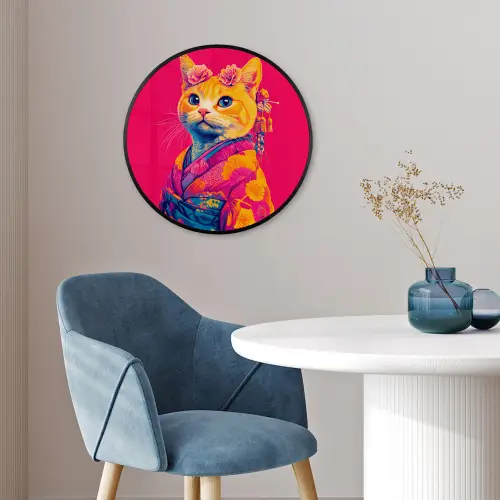Kat - Kimono - Bloemen - Roze Fotolijst rond zonder passe partout klein -sfeer2