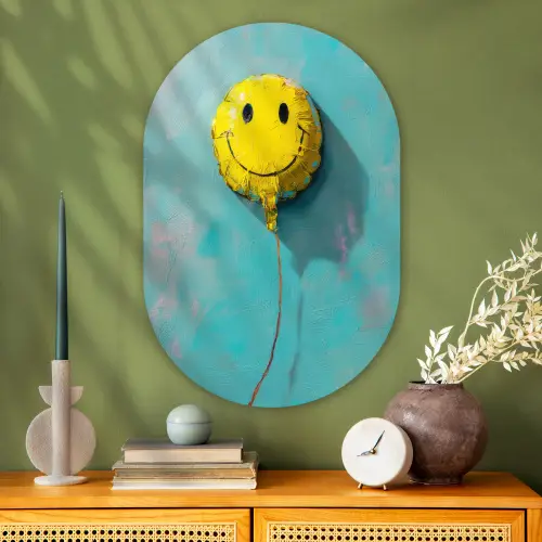 Ballon - Geel - Smiley Wandcirkel Ovaal Glas middel -sfeer2