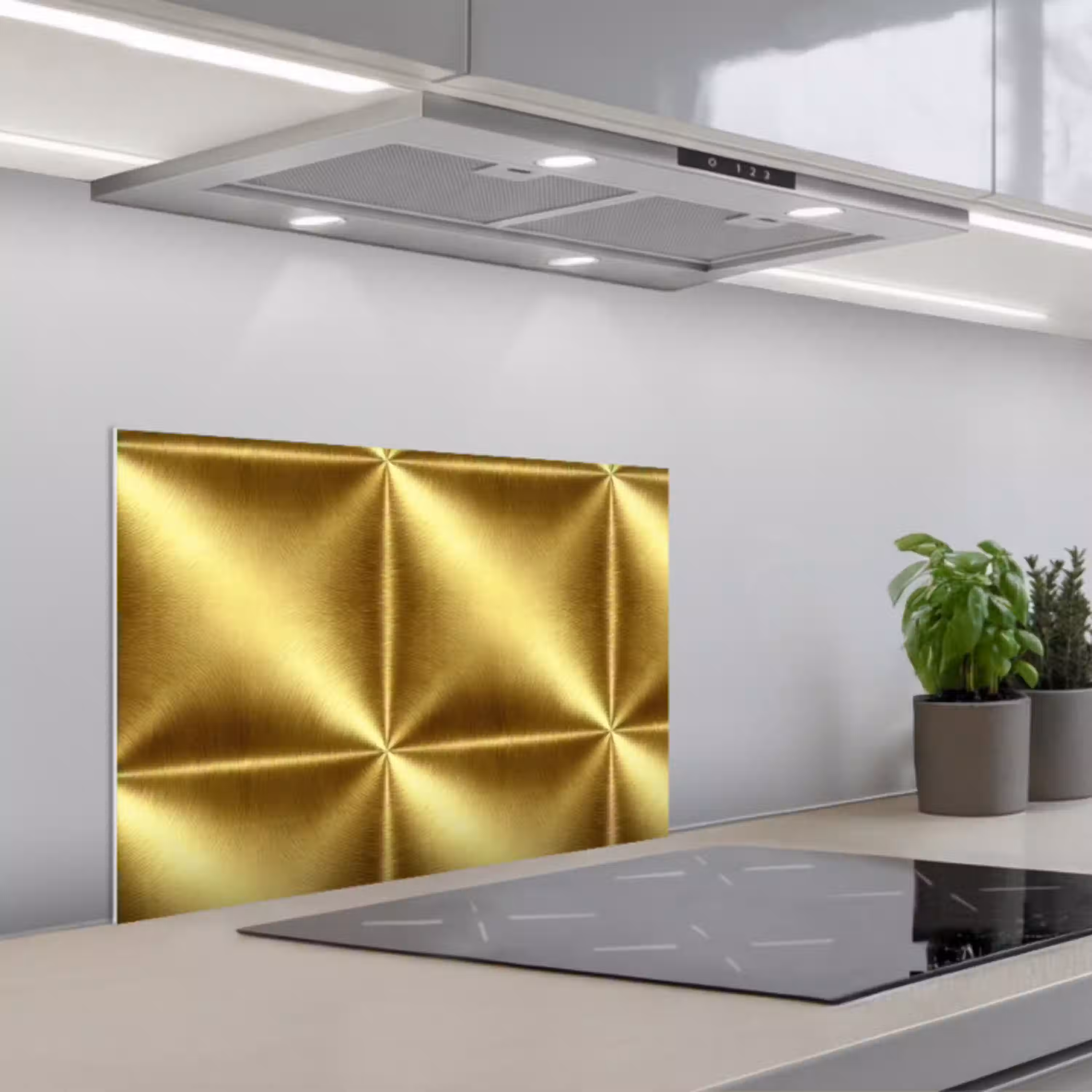 Textuur - Geborsteld Goud - Industrieel - Metallic keuken achterwand spatscherm klein 900 -3d_schuin