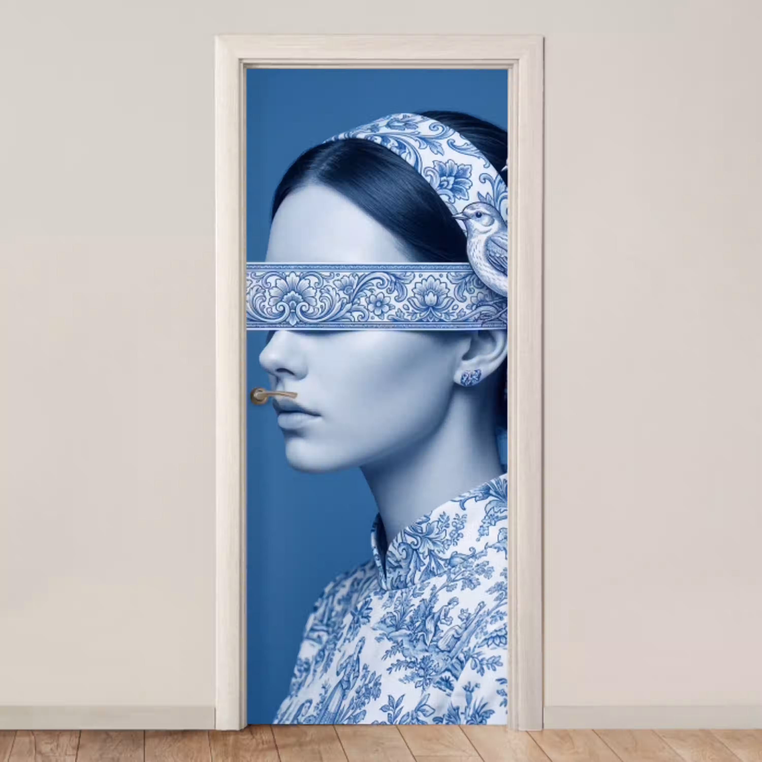 Portret - Klassiek - Wit - Blauw deurposter klein -3d_beige