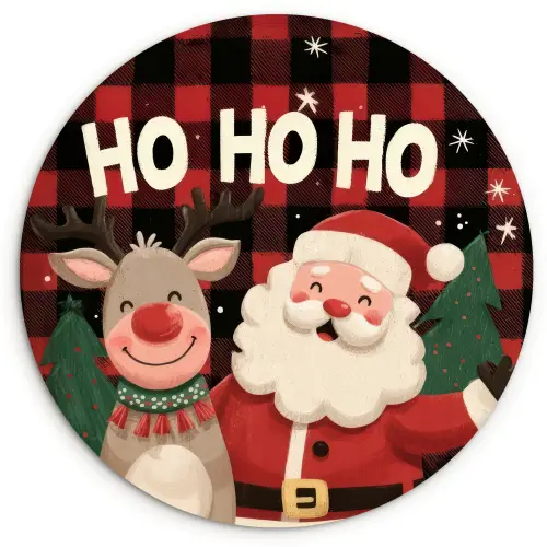 Kerstman - Rendier - Tekst - Rood - Zwart Wandcirkel kunststof plaat 5mm dik klein -3d
