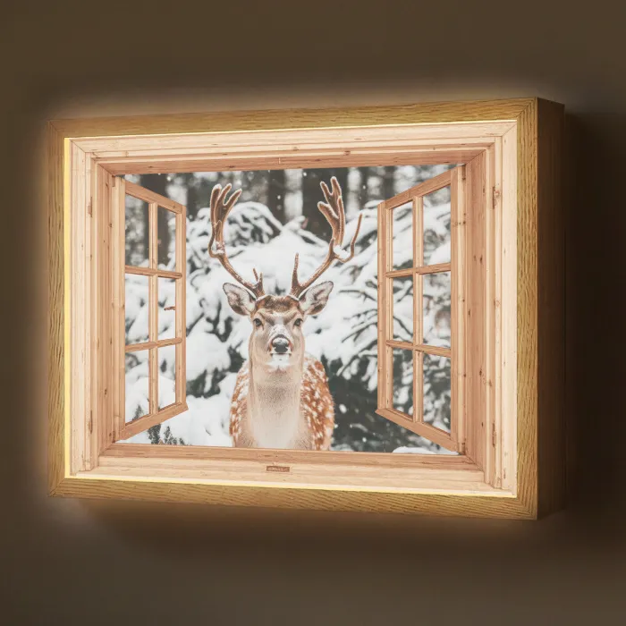 Doorkijk - Hert - Sneeuw - Winter - Bos - Dieren Light Box met batterij (Wandlamp) middel -z3d_website