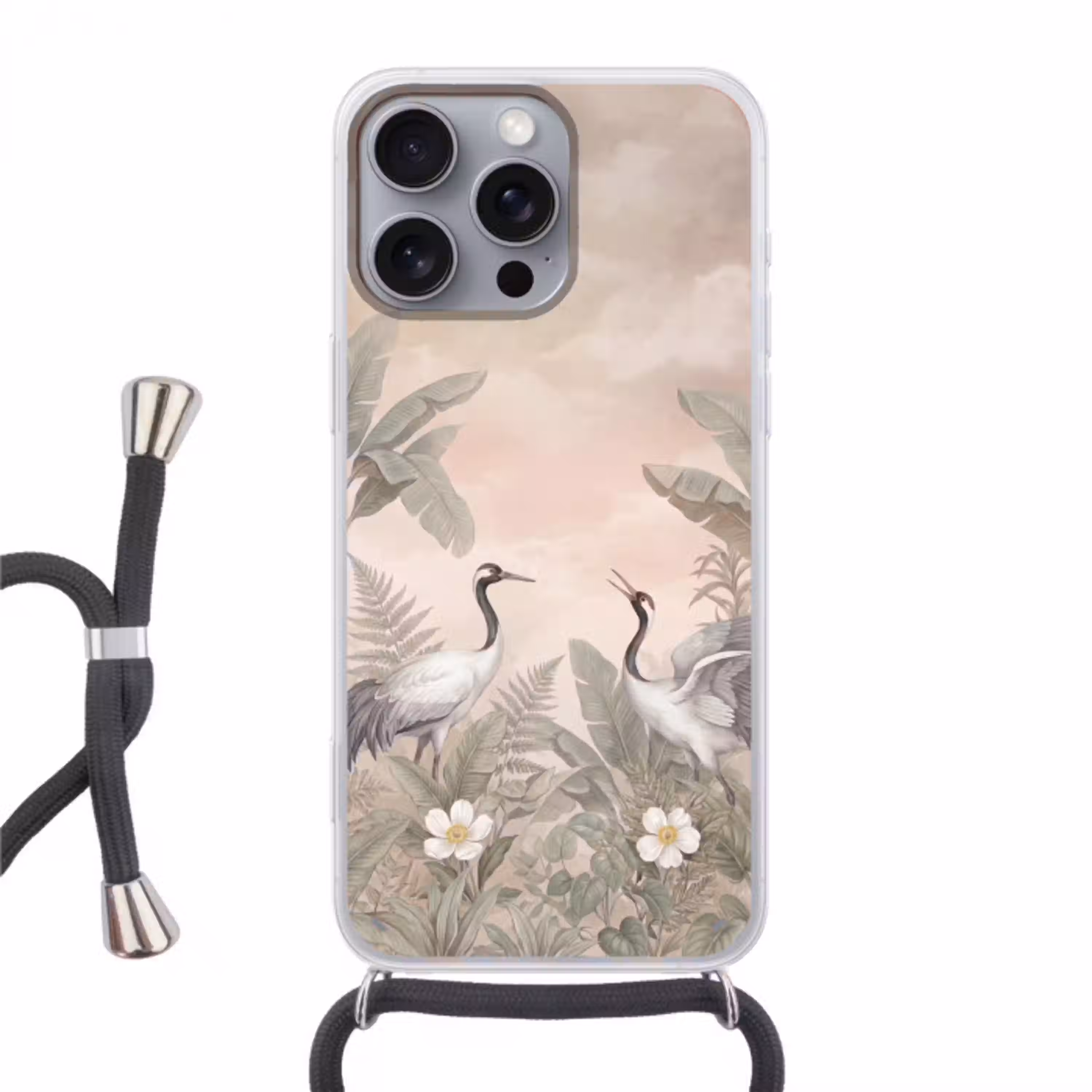 Kraanvogels - Natuur - Roze Hoesje iPhone 16 Pro Max met koord klein -3d