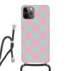 Schaakbord patroon - Groen - Roze - Blokjes Hoesje iPhone 12 Pro met koord klein -3d