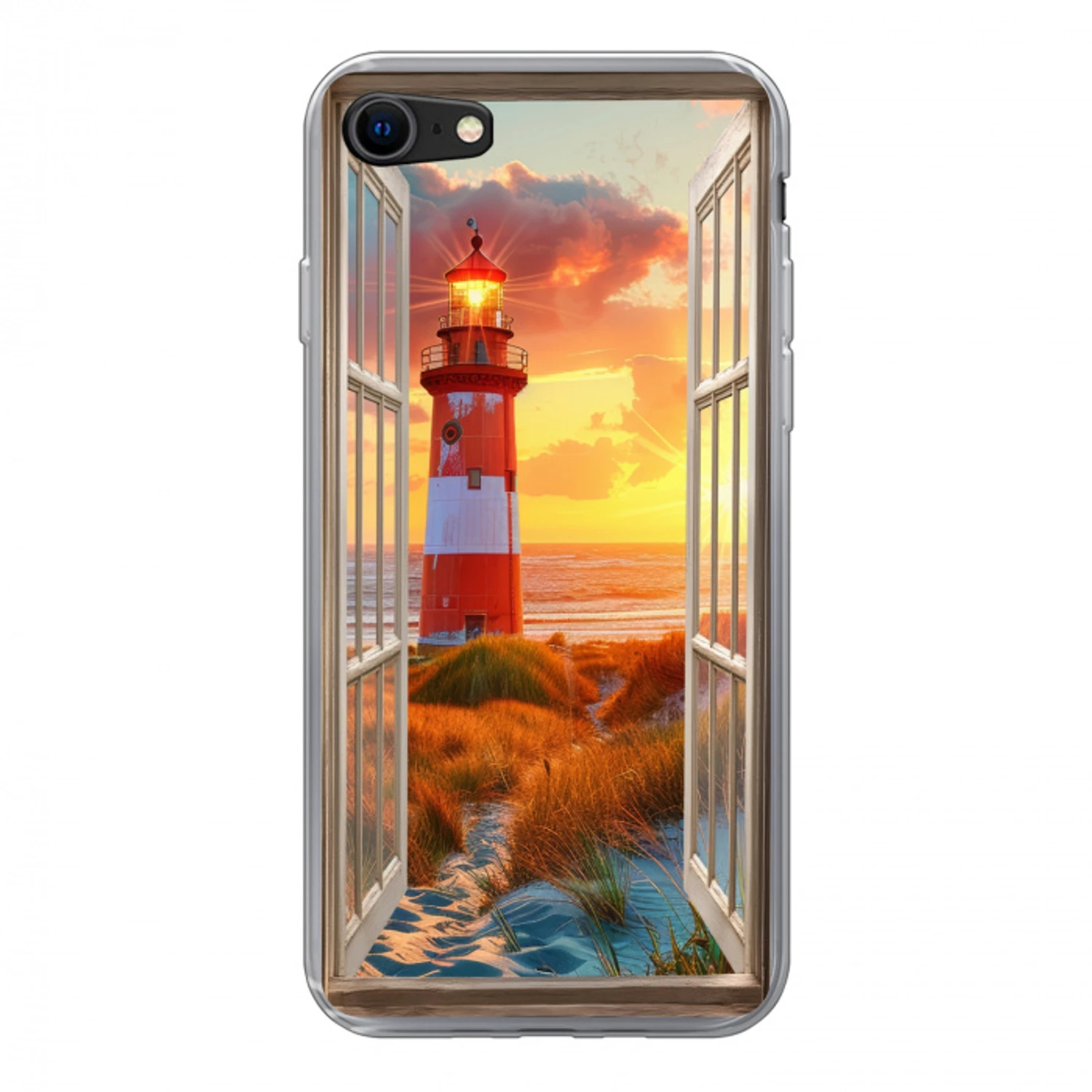 Doorkijk - Raam - Vuurtoren - Zonsondergang - Strand Telefoonhoesje iPhone 7 klein -3d