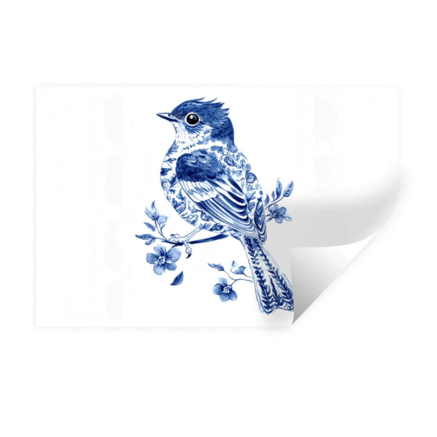 Vogel - Delfts blauw - Illustratie - Bloemen Muursticker klein -3d