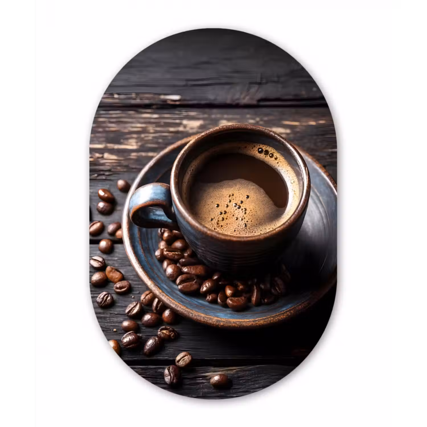 Glasbild Oval - Tasse - Kaffee - Holz - Bohnen
